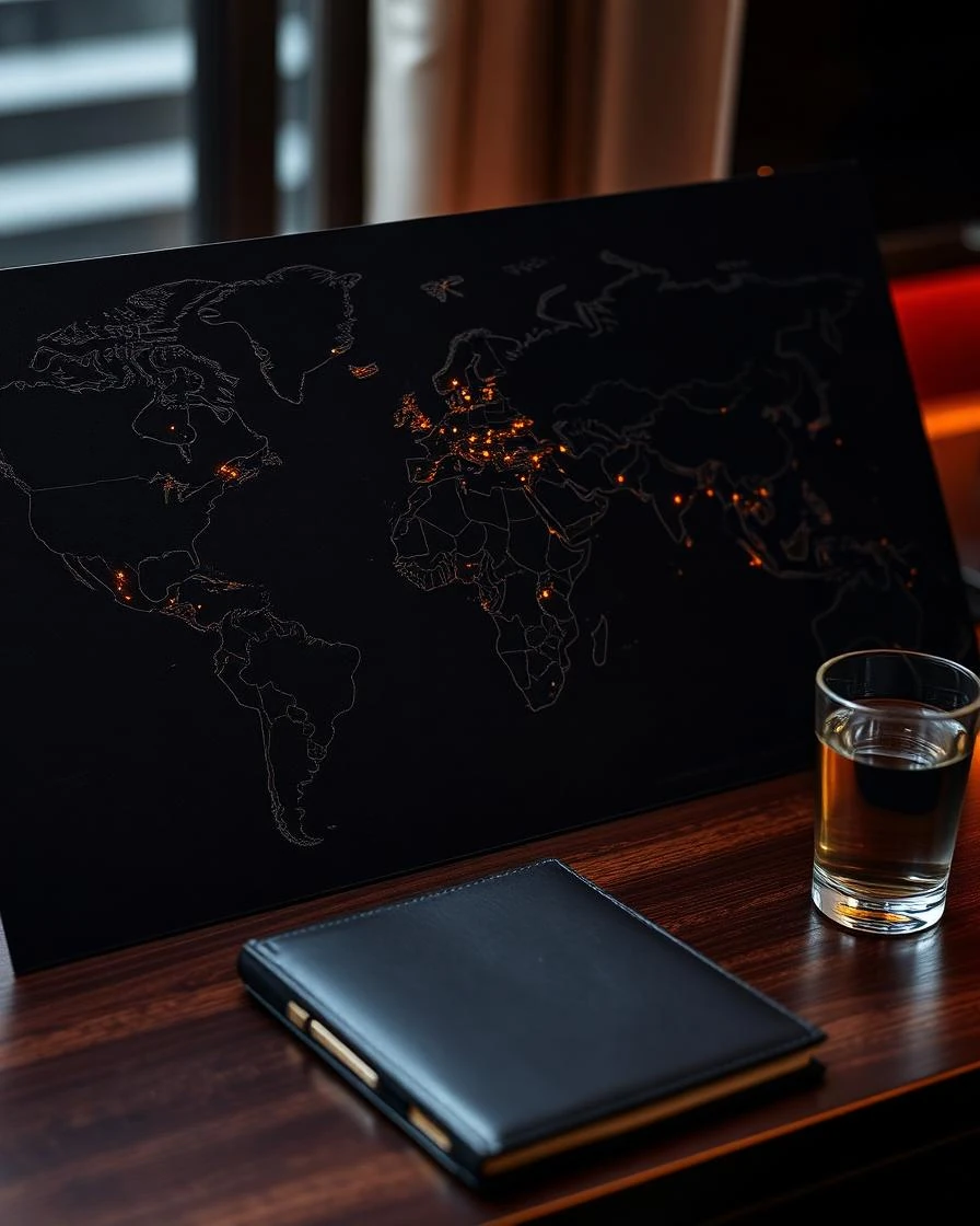 Mapa del mundo iluminado representando alcance internacional inmobiliario