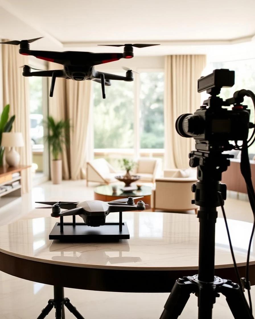 Cámara profesional y dron preparados en una vivienda de lujo en Madrid