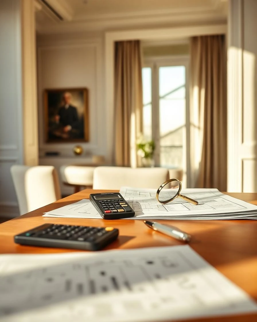 Mesa de trabajo con calculadora, planos y documentación inmobiliaria