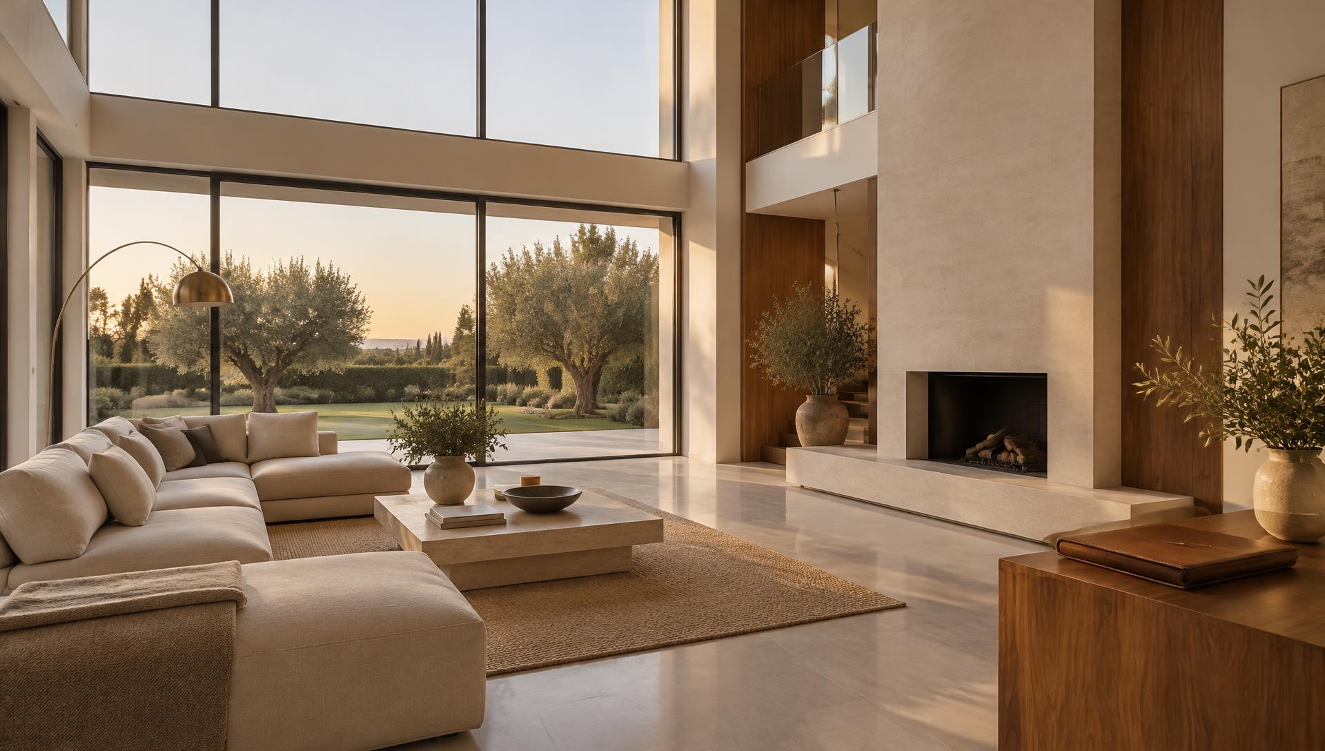 Salón de una vivienda de lujo en Madrid con ventanal al jardín, afectada por el cambio en el alquiler de viviendas suntuarias