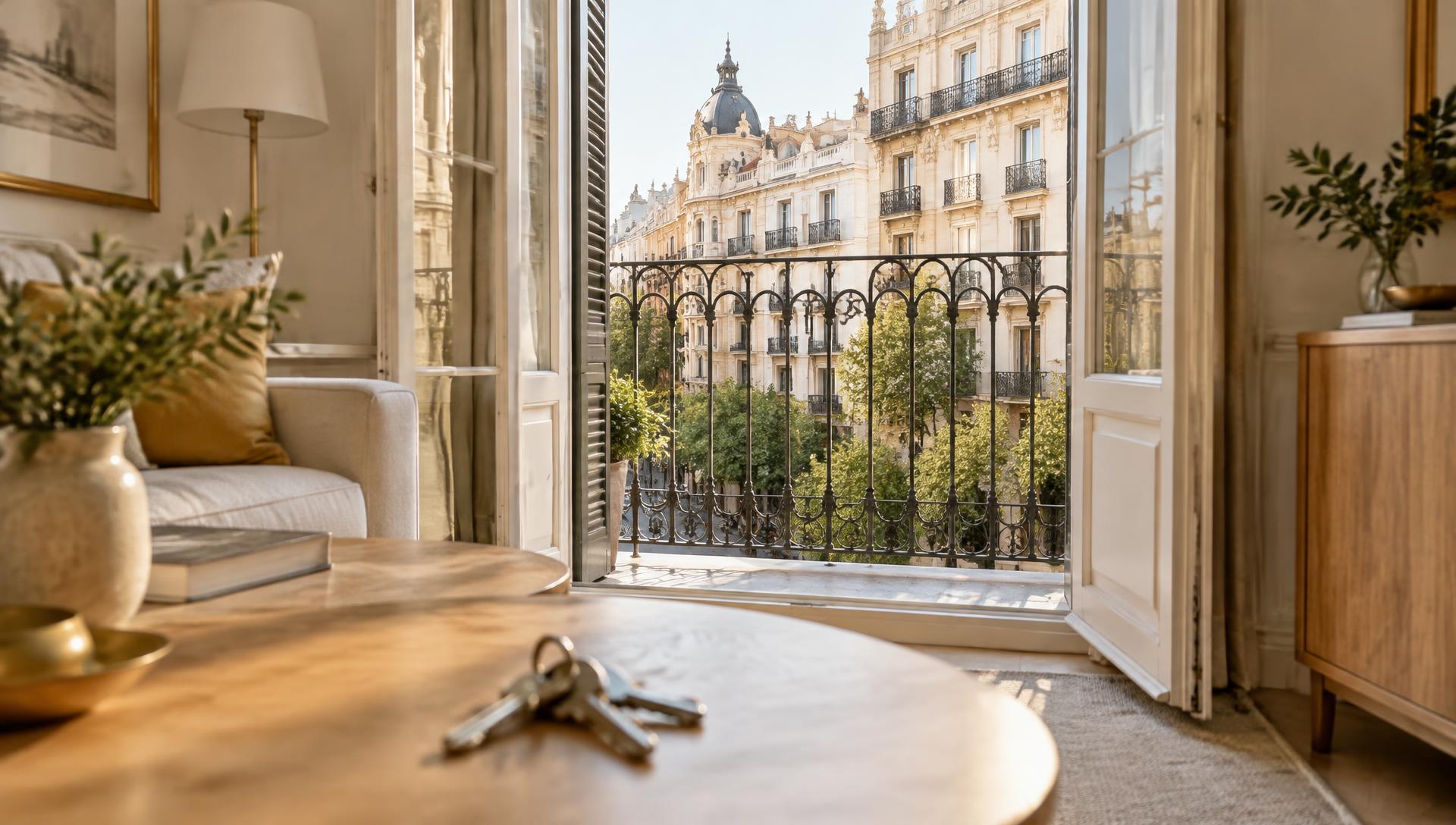 Llaves sobre una mesa de madera en un salón luminoso de un piso de Madrid con vistas a la calle