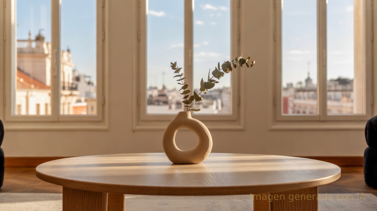 Salón luminoso de un piso de Madrid con ventanal al skyline, ambiente sereno para decidir sobre la hipoteca