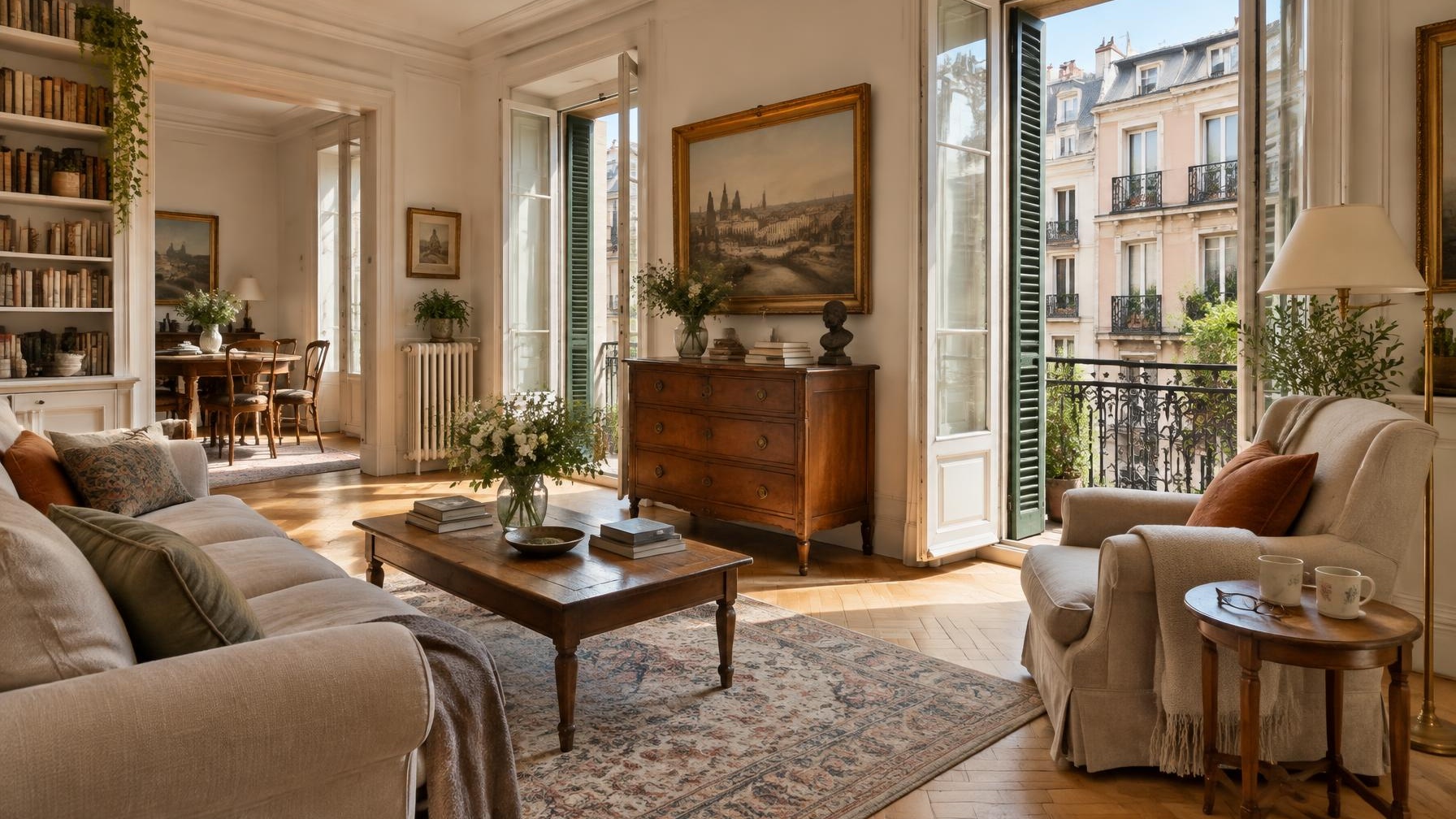 Salón luminoso de un piso clásico de Madrid con sillón junto al balcón, hogar de un propietario jubilado