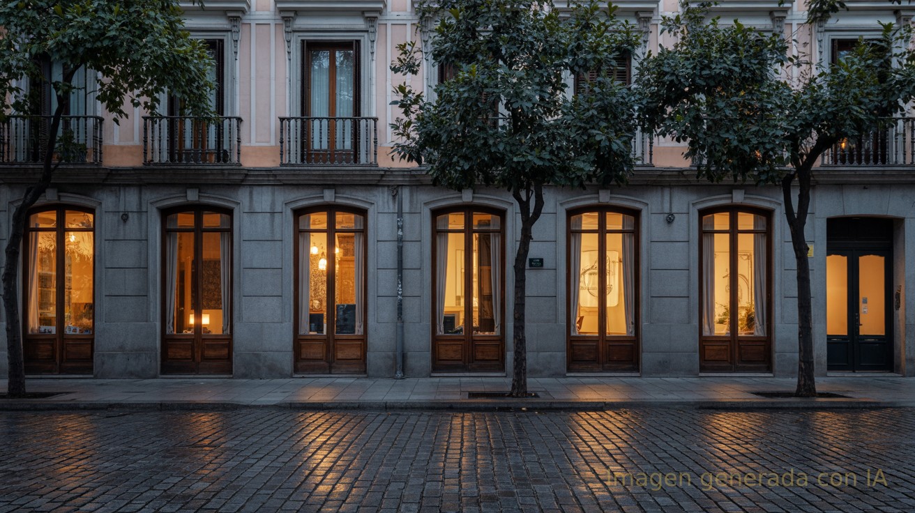 Fachada de un edificio clásico de Madrid al anochecer con ventanas iluminadas, símbolo de la tensión por el acceso a la vivienda