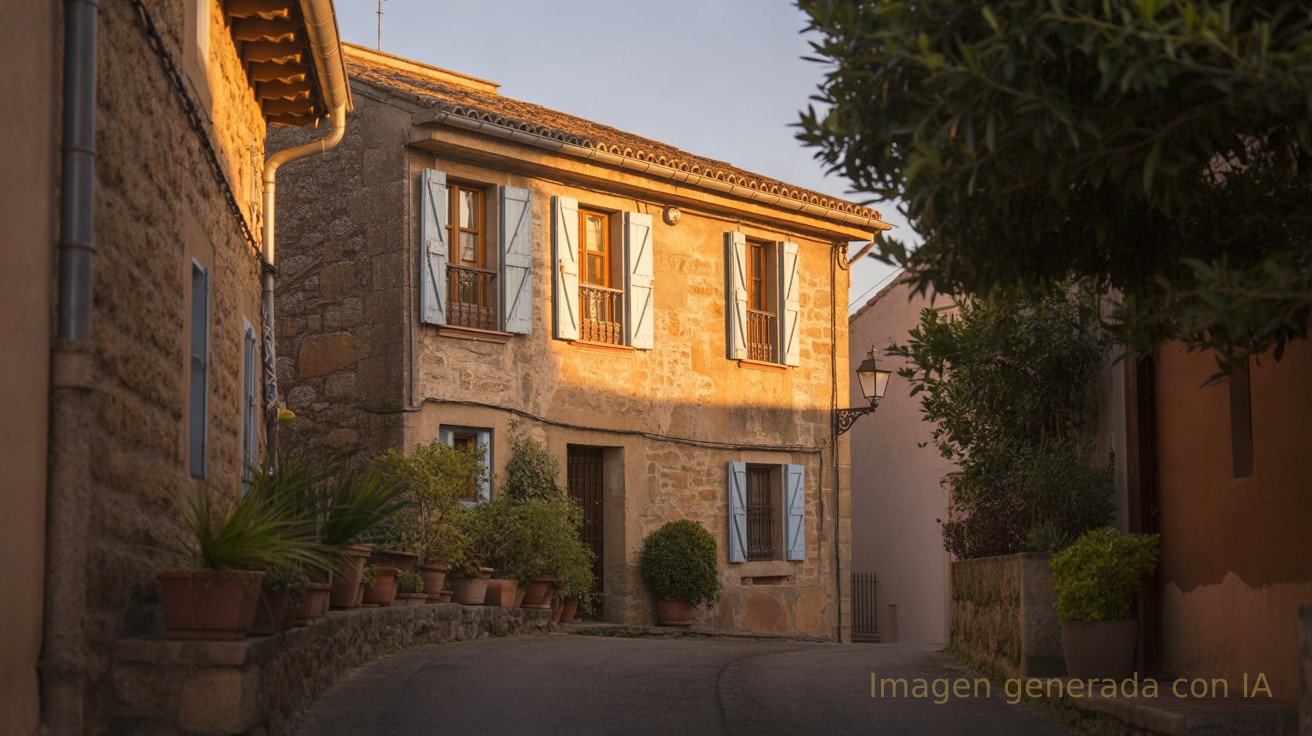 Casa de piedra tradicional en un pueblo español a la hora dorada, contraste con el precio de la entrada en Madrid