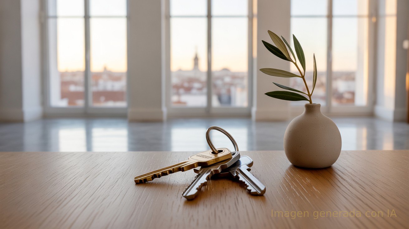 Salón vacío y luminoso de una primera vivienda en Madrid con unas llaves sobre la mesa de madera