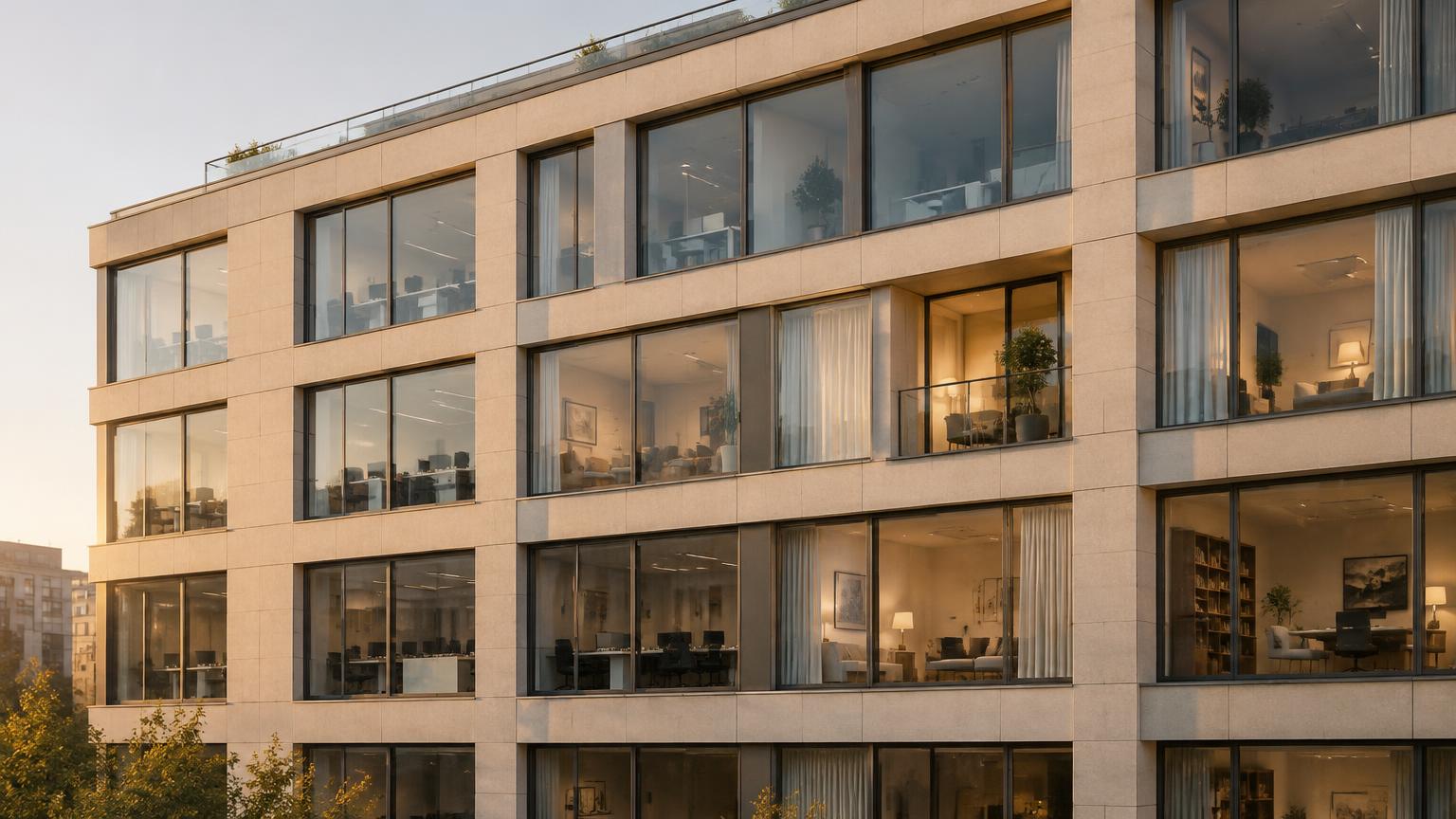 Edificio de oficinas en Madrid con varias plantas ya convertidas en viviendas iluminadas al atardecer
