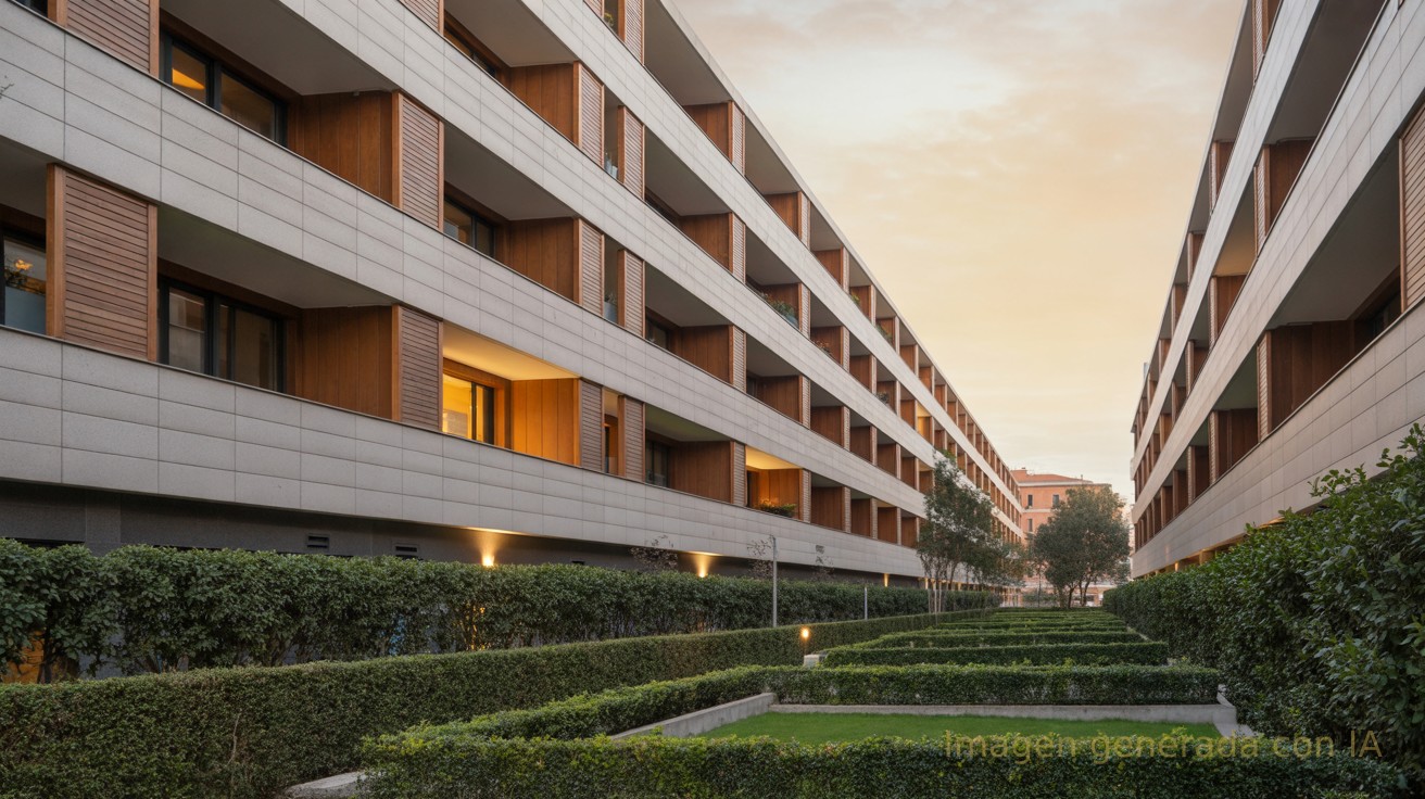 Fachadas de edificios residenciales modernos en Vicálvaro al atardecer