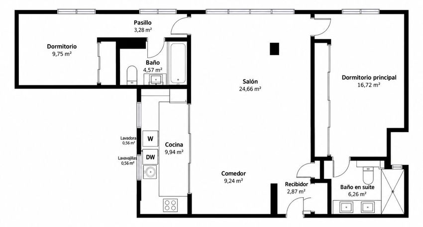 Plano de Paseo de la Habana — Piso exterior de 147 m² con 2 dormitorios en suite y orientación sur en El Viso · Chamartín